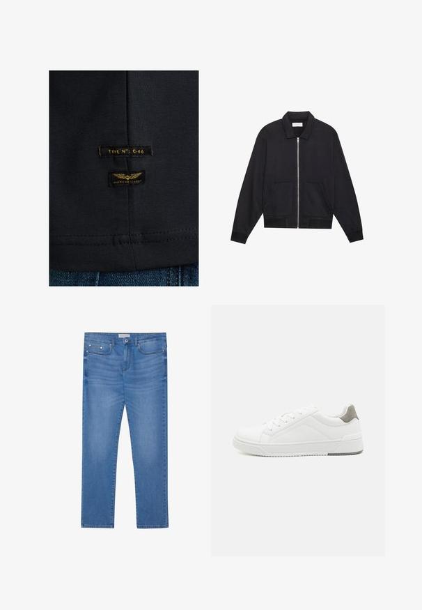 Schwarze Zip-Jacke mit Kragen, zwei Fronttaschen, gerippten Bündchen und einer strukturierten Stoffoberfläche. Einfaches und modernes Design.; Schwarzes Baumwoll-T-Shirt mit glatter Textur. Verfügt über zwei Etiketten: "TYPE NO: C-46" und "AMERICAN CLASSIC" in Gelb auf dunklem Stoff.; Hellblaue Denim-Jeans mit geradem Bein, Fünf-Taschen-Design, subtilen Verwaschungen und metallischen Akzenten an der Taille und den Taschen.; Weißer Sneaker aus glattem Leder, runde Zehenpartie, minimalistisches Design, graue Fersenkante und strukturierte Gummisohle.