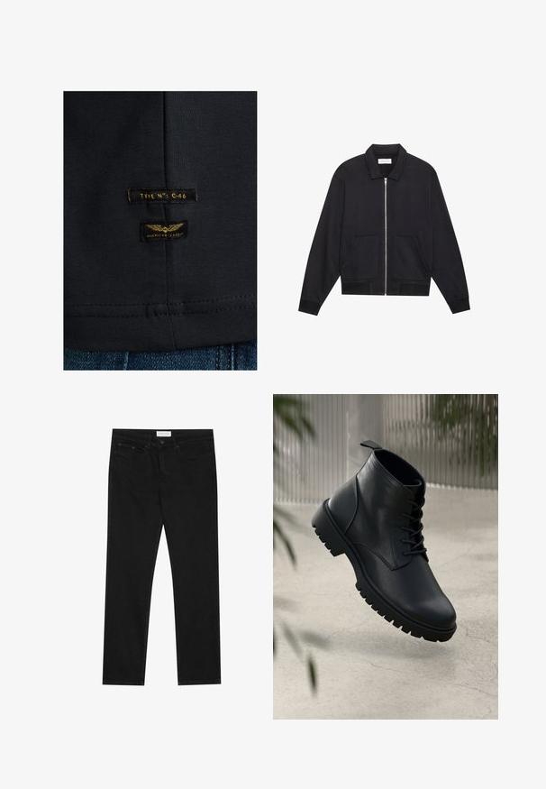 Veste noire zippée avec col, deux poches avant, poignets côtelés et finition en tissu texturé. Design simple et moderne.; T-shirt en coton noir avec une texture lisse. Il comporte deux étiquettes : "TYPE NO: C-46" et "CLASSIQUE AMÉRICAIN" en jaune sur un tissu sombre.; Jean droit noir avec un design à cinq poches, fermeture à bouton et zip, et une étiquette de marque Pier One sur la taille.; Bottines en cuir noir avec un bout rond, un laçage, et une semelle en caoutchouc robuste. Texture lisse avec une languette à l'arrière.