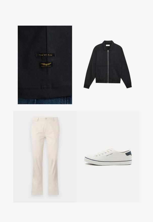 Chaqueta negra con cremallera y cuello, dos bolsillos frontales, puños acanalados y un acabado de tela texturizada. Diseño simple y moderno.; Camiseta de algodón negra con una textura suave. Presenta dos etiquetas: "TIPO NO: C-46" y "CLÁSICO AMERICANO" en amarillo sobre fondo oscuro.; Pantalones beiges de algodón con un diseño de pierna recta, con cierre de botón, trabillas para cinturón y bolsillos laterales.; Zapatillas de lona en color blanco roto con detalles en azul marino, que cuentan con puntera redonda, diseño de cordones y suela de goma texturizada. Estética simple y limpia.