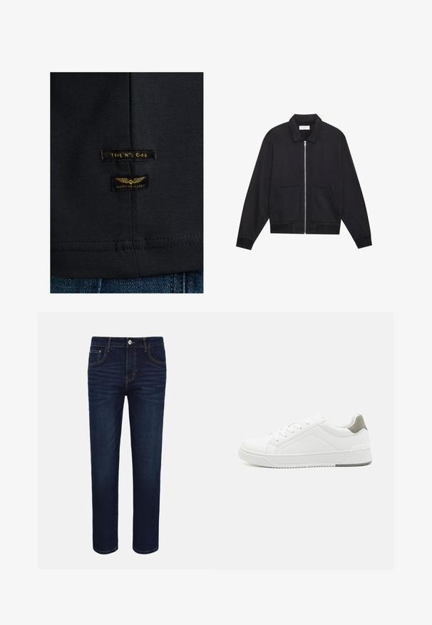 Schwarze Zip-Jacke mit Kragen, zwei Fronttaschen, gerippten Bündchen und einer strukturierten Stoffoberfläche. Einfaches und modernes Design.; Schwarzes Baumwoll-T-Shirt mit glatter Textur. Verfügt über zwei Etiketten: "TYPE NO: C-46" und "AMERICAN CLASSIC" in Gelb auf dunklem Stoff.; Dunkelblaue Denim-Jeans mit Vordertaschen, Knopfverschluss und dezenten verblassten Details an den Oberschenkeln vor weißem Hintergrund.; Weißer Sneaker aus glattem Leder, runde Zehenpartie, minimalistisches Design, graue Fersenkante und strukturierte Gummisohle.