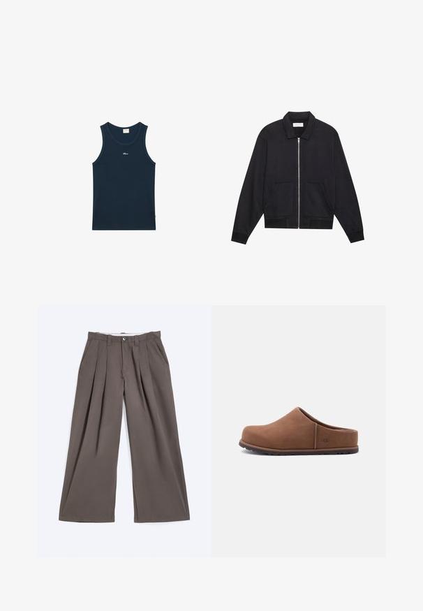 Veste noire zippée avec col, deux poches avant, poignets côtelés et finition en tissu texturé. Design simple et moderne.; Débardeur bleu marine sans manches avec encolure ronde et petit nom de marque brodé en blanc "Blaire" au centre de la poitrine.; Pantalon marron à jambes larges avec plis, passants de ceinture, fermeture par bouton et poches latérales, posé à plat sur un fond blanc.; Sabot marron à enfiler avec bout arrondi, tige souple et logo UGG sur le côté, présenté sur un fond gris clair uni.