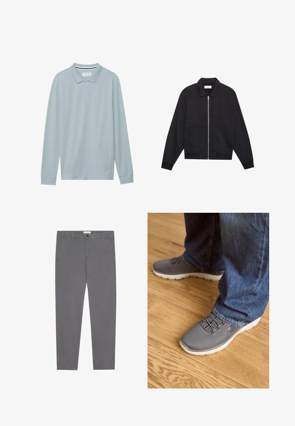 Sort lynlåsjakke med krave, to frontlommer, ribbede manchetter og en struktureret stoffinish. Enkel og moderne design.; Langærmet polo skjorte i lyseblå med flad krave, tre-knaps lukning og subtilt tekstureret stof. Har en stribet indvendig krave.; Grå bomuldsbukser med slim fit, der har to forlommer, en enkelt baglomme og en knaplukning i taljen.; Grå løbesko med mesh-overdel, hvid sål og elastiske snørebånd. Parret med blå denimjeans, på et trægulv.