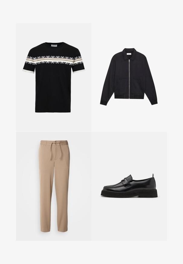 Veste noire zippée avec col, deux poches avant, poignets côtelés et finition en tissu texturé. Design simple et moderne.; T-shirt noir à manches courtes avec des rayures horizontales blanches et beiges et des motifs géométriques sur la poitrine et les manches, col rond.; Pantalons de survêtement beige en coton doux, avec une taille élastique, un cordon de serrage, une coupe slim et des jambes droites sans motifs.; Chaussures en cuir noir de style mocassin avec une semelle plate et texturée, présentant un bout piqué et une sangle traversant le cou-de-pied.