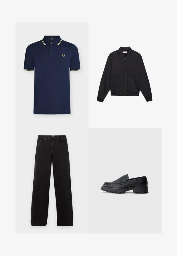 Veste noire zippée avec col, deux poches avant, poignets côtelés et finition en tissu texturé. Design simple et moderne.; Polo bleu marine à manches courtes avec patte à deux boutons, col et poignets rayés, et petit logo laurier jaune sur la poitrine.; Jean en denim noir avec une coupe droite, un style à cinq poches et une fermeture à bouton. Tissu texturé et esthétique minimaliste.; Mocassins en cuir noir avec un bout arrondi, présentant une sangle décorative et une semelle en caoutchouc épaisse avec de profonds crampons pour une meilleure adhérence.