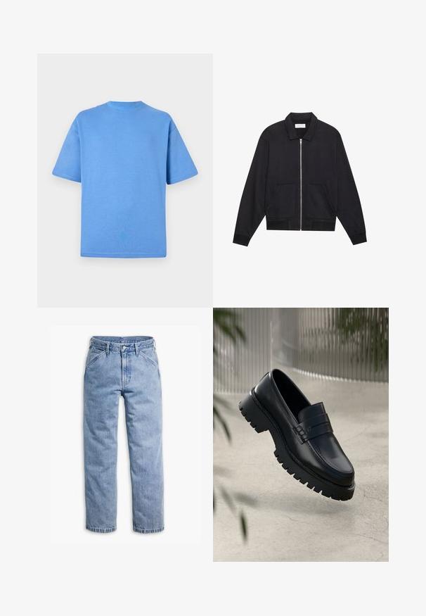 Sort lynlåsjakke med krave, to frontlommer, ribbede manchetter og en struktureret stoffinish. Enkel og moderne design.; Blå bomulds T-shirt med korte ærmer, rund halsudskæring og ensfarvet design. Blød tekstur og afslappet pasform.; Lyseblå straight-leg denimjeans med forreste knap- og lynlås, bæltestropper og skrå forlommer.; Sorte læder loafers med en chunky sål, der har en dekorativ rem og syninger. Glat tekstur med en poleret overflade.