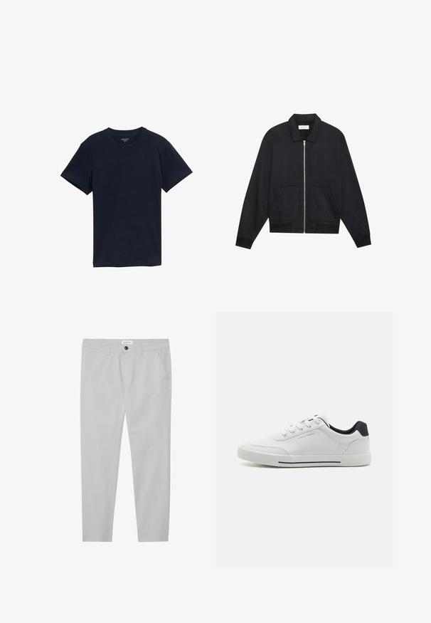 Sort lynlåsjakke med krave, to frontlommer, ribbede manchetter og en struktureret stoffinish. Enkel og moderne design.; Marineblå bomulds-T-shirt, kortærmet, rund hals, glat tekstur, enkelt design, uden mønstre eller accenter, lige kant.; Lysegrå bukser lavet af et blødt stof, med en slim fit, to forlommer, en knaplukning og en subtil teksturdetalje.; Hvide sneakers med en glat syntetisk overdel, rund tå, snørebåndsdesign, marineblå accent på hælen og en tekstureret gummisål med en sort stribe.