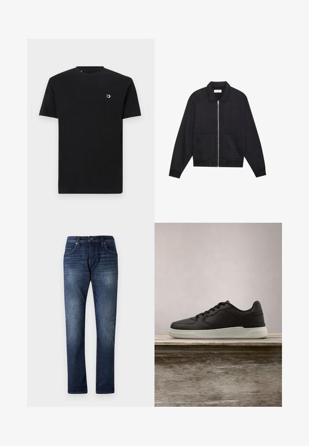 Schwarze Zip-Jacke mit Kragen, zwei Fronttaschen, gerippten Bündchen und einer strukturierten Stoffoberfläche. Einfaches und modernes Design.; Schwarz Baumwoll-T-Shirt mit kurzen Ärmeln, rundem Halsausschnitt und einem kleinen weißen Logo auf der linken Brustseite. Glatte Textur, schlichtes Design.; Dunkelblaue Jeans aus Denim mit geradem Bein, versehen mit einer hellen Waschanlage, fünf Taschen und sichtbaren Nähten entlang der Nähte.; Schwarzer Sneaker mit weißer Sohle, der über einer hölzernen Bank schwebt, mit grünen Blättern im unscharfen Hintergrund.