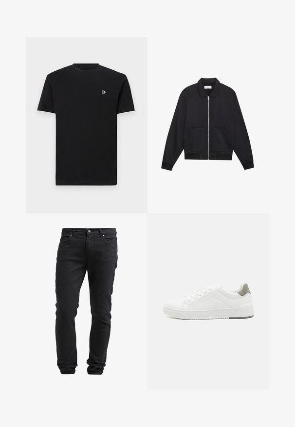 Chaqueta negra con cremallera y cuello, dos bolsillos frontales, puños acanalados y un acabado de tela texturizada. Diseño simple y moderno.; Camiseta de algodón negra de manga corta, con cuello redondo y un pequeño logo blanco en la parte izquierda del pecho. Textura suave, diseño sencillo.; Jeans negros slim fit con cierre de botón y cremallera, cinco bolsillos y puños elásticos en los tobillos.; Zapatilla blanca con material de cuero liso, punta redonda, diseño minimalista, acento gris en el talón y suela de goma texturizada.