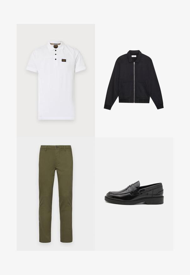 Sort lynlåsjakke med krave, to frontlommer, ribbede manchetter og en struktureret stoffinish. Enkel og moderne design.; Hvid polo-shirt lavet af tekstureret bomuld, med en tre-knap lukning, korte ærmer og et sort logo-patch på brystet.; Oliven grønne bomulds chinos med lige ben-design, der har en frontknaplukning, sidelommer og rene kanter.; Sorte læder loafers med en glat finish, rund tå, lav hæl og dekorativ syning langs forsiden. Gummisål for godt greb.