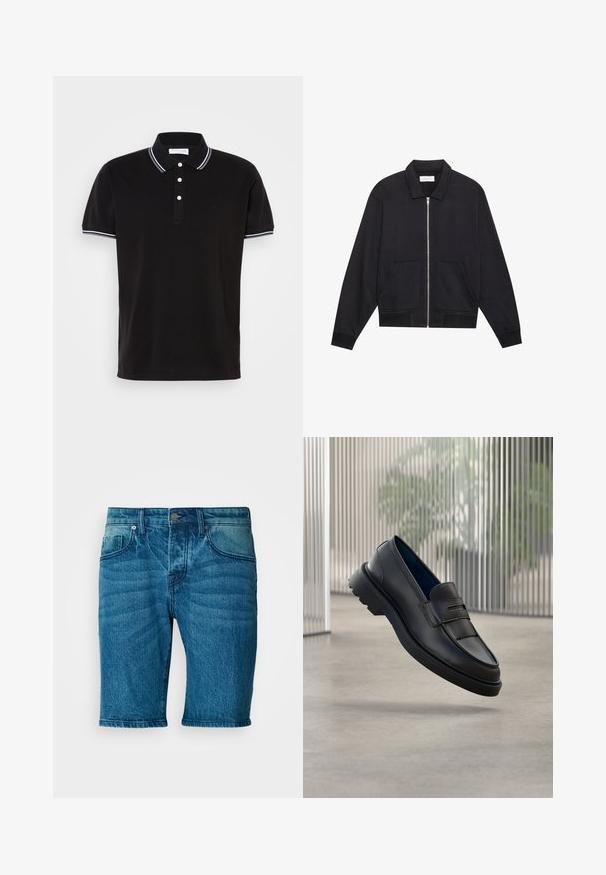 Sort lynlåsjakke med krave, to frontlommer, ribbede manchetter og en struktureret stoffinish. Enkel og moderne design.; Sort polo-shirt lavet af bomuld, med en tre-knaps lukning, hvid kant på kraven og ærmerne samt diskret logodetaljering.; Denim shorts i en medium vask blå. Har en knaplukning, fem lommer, og en subtil falming med en lige benudskæring.; Sorte læder loafers med en glat finish, der har en dekorativ rem og et tekstureret panel foran samt en tekstureret gummisål.