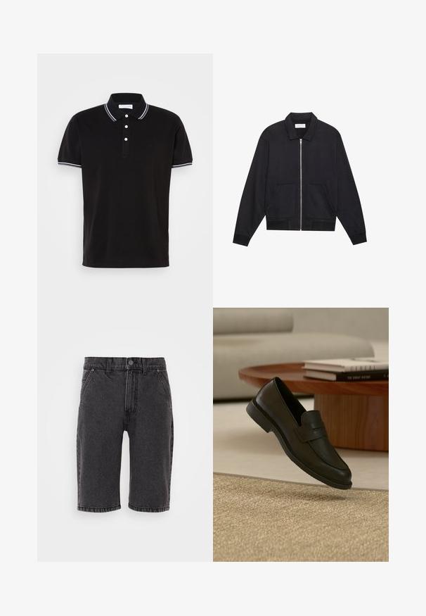 Veste noire zippée avec col, deux poches avant, poignets côtelés et finition en tissu texturé. Design simple et moderne.; Polo noir en coton, doté d'une patte de boutonnage à trois boutons, d'un passepoil blanc sur le col et les manches, et d'un logo discret.; Shorts en denim noir à coupe droite, dotés d'une fermeture à bouton et à glissière, de cinq poches et de détails de couture discrets.; Chaussure mocassin en cuir noir présentée en suspension au-dessus d'un tapis beige tissé, avec une table en bois et des livres empilés dans un salon doucement éclairé.