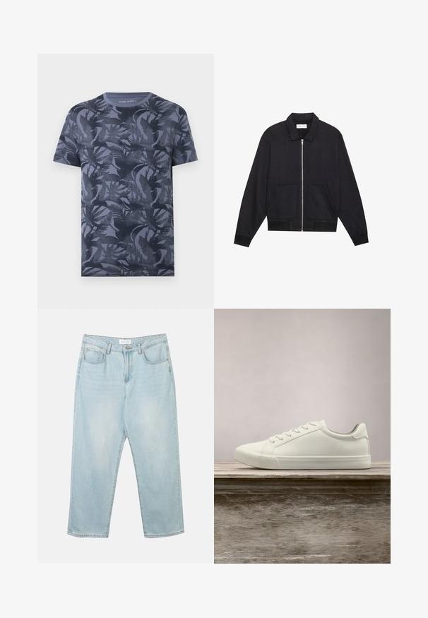 Veste noire zippée avec col, deux poches avant, poignets côtelés et finition en tissu texturé. Design simple et moderne.; T-shirt homme manches courtes col rond bleu foncé avec un motif discret de feuilles tropicales sur l'ensemble.; Jean en denim bleu clair avec une coupe décontractée, cinq poches, une fermeture à bouton et un léger délavage. La texture est douce et légèrement usée.; Sneaker en dentelle blanche flottant au-dessus d'un banc en bois avec un feuillage vert en arrière-plan, mettant en valeur le design et la texture de la chaussure.