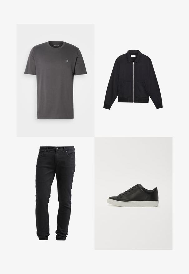 Chaqueta negra con cremallera y cuello, dos bolsillos frontales, puños acanalados y un acabado de tela texturizada. Diseño simple y moderno.; Camiseta de manga corta gris oscuro hecha de algodón. Presenta un cuello redondo y un pequeño logo "MOP" en el lado izquierdo del pecho. Diseño simple, textura sin costuras.; Jeans negros slim fit con cierre de botón y cremallera, cinco bolsillos y puños elásticos en los tobillos.; Zapatillas de cuero negro con punta redondeada, suela plana de goma blanca y diseño de cordones con seis ojales. Textura suave, estilo minimalista.