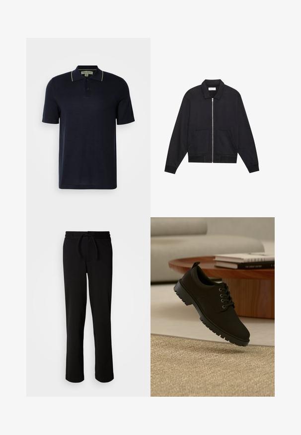 Zwarte ritssluiting jack met een kraag, twee voorkruiszakken, ribgebreide manchetten en een textuurstofafwerking. Eenvoudig en modern ontwerp.; Marineblauwe polo met korte mouwen, voorzien van twee knopen en subtiele beige afwerking op de kraag, weergegeven op een eenvoudige lichte achtergrond.; Zwarte joggingbroek met een elastische tailleband en trekkoord, gemaakt van zachte, rekbare stof. Heeft een relaxte pasvorm met rechte pijpen en geen zichtbare zakken.; Zwarte leren veterschoen met een dikke zool zwevend boven een beige tapijt in een minimalistische woonkamer.