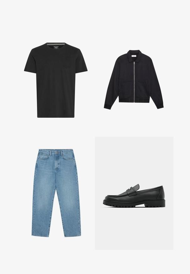 Zwarte ritssluiting jack met een kraag, twee voorkruiszakken, ribgebreide manchetten en een textuurstofafwerking. Eenvoudig en modern ontwerp.; Zwarte T-shirt met korte mouwen van katoen. Heeft een ronde hals en een klein zakje op de linkerborst. Glad textuur en eenvoudig ontwerp.; Lichtblauwe denim jeans met een rechte pijp, vijfzakkenontwerp en een licht verweerde look. Voorzien van een knoop- en ritssluiting.; Zwarte leren instappers met een ronde neus, voorzien van een gestikt ontwerp, een lage platformzool en een gestructureerde, grof rubberen buitenzool.