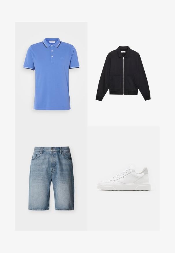 Zwarte ritssluiting jack met een kraag, twee voorkruiszakken, ribgebreide manchetten en een textuurstofafwerking. Eenvoudig en modern ontwerp.; Blauwe poloshirt van katoen met een drieknoopsluiting, contrasterende witte en marineblauwe strepen op de kraag en de mouwuiteinden.; Lichtblauwe denim shorts met voorzakken en een muntenzakje, knoopsluiting en riemlussen, getoond tegen een witte achtergrond.; Witte leren sneakers met een gladde afwerking, ronde neus, platte veters en een gestructureerde zool. Grijze suède accent bij de hiel.