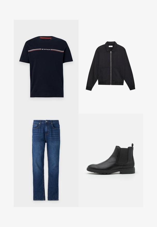 Sort lynlåsjakke med krave, to frontlommer, ribbede manchetter og en struktureret stoffinish. Enkel og moderne design.; Marineblå bomulds-t-shirt med korte ærmer og rund halsudskæring, med en hvid og rød horisontal stribedetalje og "TOM TAILOR" logo.; Pier One by Zalando Loose-jeans - dark blue denim; Sort læder Chelsea-boot med elastiske sidepaneler og en løftestrop, der har en rund tå og en tekstureret gummisål.