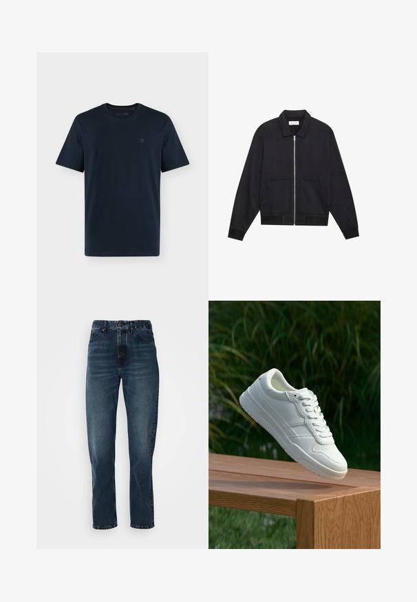 Chaqueta negra con cremallera y cuello, dos bolsillos frontales, puños acanalados y un acabado de tela texturizada. Diseño simple y moderno.; Camiseta azul marino oscuro de manga corta y cuello redondo, con un pequeño logo discreto en el pecho izquierdo sobre fondo blanco.; Jeans de pierna recta azul oscuro con cierre frontal de botón y cremallera, diseño de cinco bolsillos y un ligero desgaste en los muslos y las rodillas.; Zapatilla de cuero blanca con una textura suave, que presenta un diseño perforado, cordones clásicos y suela de goma, posicionada sobre una superficie de madera.