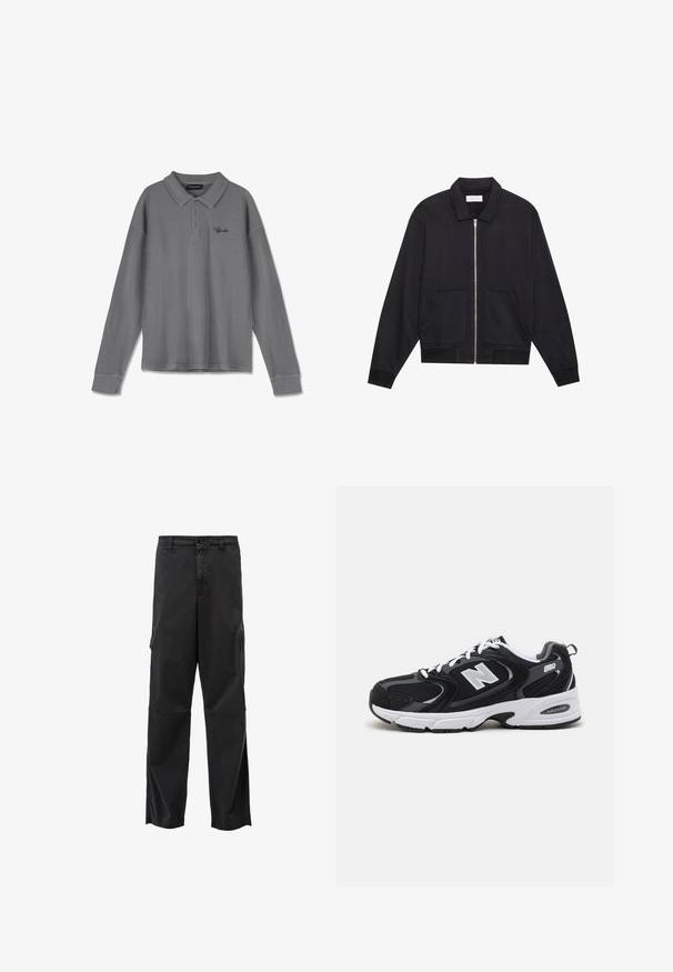Schwarze Zip-Jacke mit Kragen, zwei Fronttaschen, gerippten Bündchen und einer strukturierten Stoffoberfläche. Einfaches und modernes Design.; Langarm-Polohemd aus gestreiftem grauem Stoff. Verfügt über einen Kragen, eine Drei-Knopf-Leiste und dezente schwarze Markenkennzeichnung auf der Brust.; Schwarze Cargo-Hosen mit geradem Schnitt, Knopfverschluss und Seitentaschen. Glatter Stoff mit mattem Finish und ohne sichtbare Muster.; Schwarze und graue Sportschuhe mit Obermaterial aus Mesh und Wildleder, ausgestattet mit einer weißen Zwischensohle, Schnürsenkeln und einem markanten "N"-Logo an der Seite.