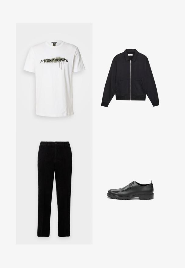 Sort lynlåsjakke med krave, to frontlommer, ribbede manchetter og en struktureret stoffinish. Enkel og moderne design.; Hvid bomulds T-shirt med et dristigt sort "ANTONY MORATO" logo med grønne spraymaling detaljer, rund halsudskæring og korte ærmer.; Sorte corduroy bukser med lige snit, der har en knaplukning og tekstureret ribbet stof. Skræddersyet design med sidelommer.; Sorte lædersko med en glat overflade, rund tå og dekorativ stikning. Har en gummisål med skridsikre spor og snørebåndsdesign.