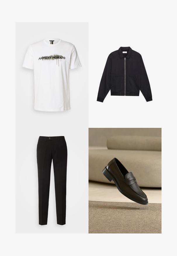 Sort lynlåsjakke med krave, to frontlommer, ribbede manchetter og en struktureret stoffinish. Enkel og moderne design.; Hvid bomulds T-shirt med et dristigt sort "ANTONY MORATO" logo med grønne spraymaling detaljer, rund halsudskæring og korte ærmer.; Sorte lige bukser lavet af glat stof, med knaplukning og sidelommer i et klassisk design.; Sort læder loafer sko, der hviler på et beige tæppe med en buet beige sofa i baggrunden.