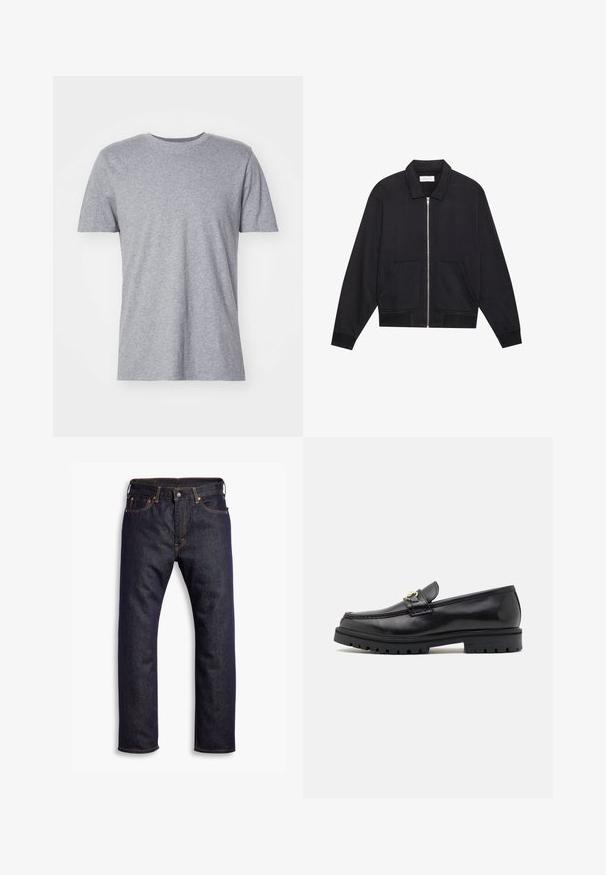 Sort lynlåsjakke med krave, to frontlommer, ribbede manchetter og en struktureret stoffinish. Enkel og moderne design.; Grå, kortærmet t-shirt lavet af en bomuldsblanding, der har en klassisk crew neckline og en glat, blød tekstur.; Mørkeblå lige ben denim jeans med fem lommer og orange kontrastsyning, lagt fladt ud mod hvid baggrund.; Sorte læder loafers med en glat finish, rund tå, en dekorativ rem med guldhardware og en robust sort sål.