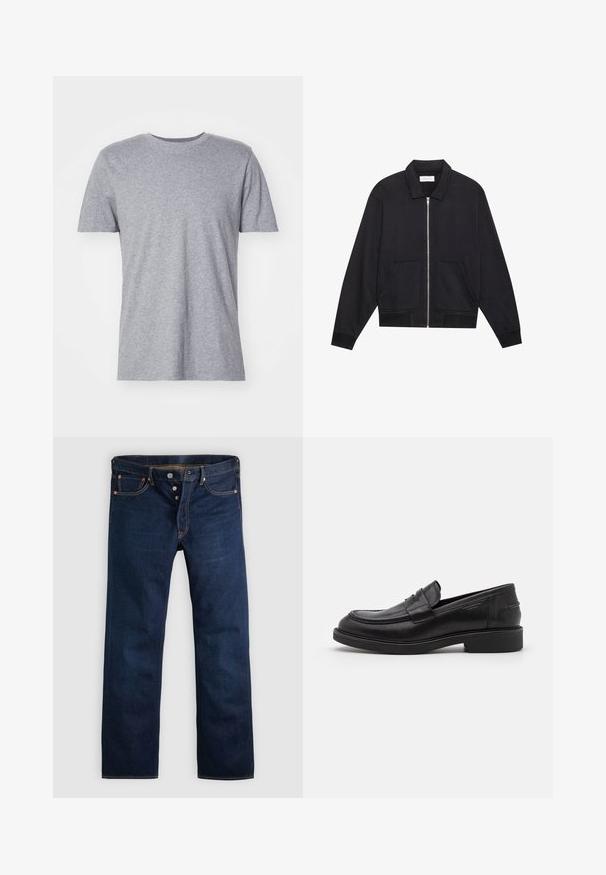 Chaqueta negra con cremallera y cuello, dos bolsillos frontales, puños acanalados y un acabado de tela texturizada. Diseño simple y moderno.; Camiseta gris de manga corta hecha de una mezcla de algodón, con un clásico cuello redondo y una textura lisa y suave.; Vaqueros de mezclilla de color azul oscuro con corte recto, cinco bolsillos y costuras doradas. Presentan una bragueta con botones y remaches de cobre. Textura suave.; Mocasines de cuero negro con puntera redondeada, costuras tonales y un detalle de tira en la parte frontal. Suela de goma con un tacón bajo.