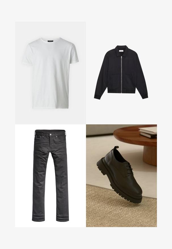 Chaqueta negra con cremallera y cuello, dos bolsillos frontales, puños acanalados y un acabado de tela texturizada. Diseño simple y moderno.; Camiseta blanca de manga corta y cuello redondo, hecha de algodón con una textura suave. Presenta una etiqueta en el cuello. Diseño simple y liso.; Vaqueros de mezclilla negros con un diseño clásico de pierna recta. Presentan bolsillos frontales, una bragueta con botones y detalles de costura sutiles.; Zapato de cuero negro con una superficie texturizada, punta redonda, diseño de cordones y una suela de goma negra gruesa. Flotando sobre una alfombra de yute.