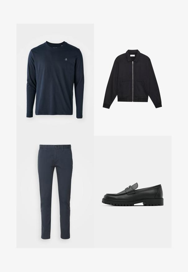 Sort lynlåsjakke med krave, to frontlommer, ribbede manchetter og en struktureret stoffinish. Enkel og moderne design.; Langærmet navy blå T-shirt lavet af blødt bomuld, med rund halsudskæring og et lille hvidt logo på venstre bryst.; Mørkeblå chinos lavet af letvægts bomuld, med lige snit, knaplukning og front lommer. Glat tekstur med minimal detaljer.; Sorte læder loafers med rund tå, der har et syet design, lav platformssål og en struktureret, skridsikker gummisål.