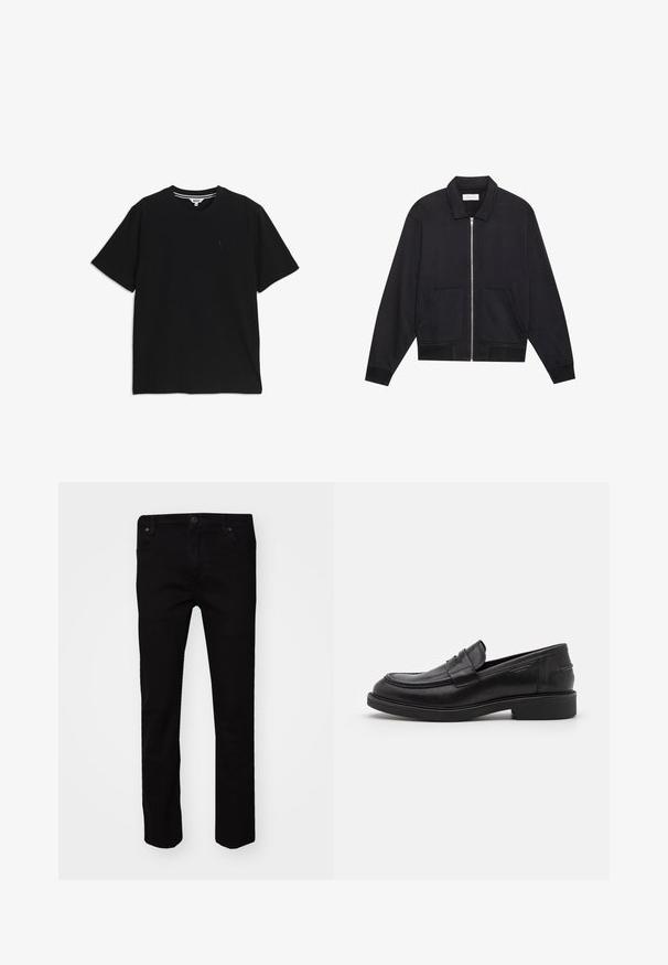 Veste noire zippée avec col, deux poches avant, poignets côtelés et finition en tissu texturé. Design simple et moderne.; T-shirt noir à manches courtes et col rond, avec un petit logo brodé sur le côté gauche de la poitrine et une étiquette intérieure rayée au niveau du col.; Poche arrière d’un jean Wrangler noir avec un patch en cuir noir portant le nom de la marque cousu au-dessus de la poche.; Mocassins en cuir noir avec un bout arrondi, des coutures ton sur ton et un détail de sangle à l'avant. Semelle en caoutchouc avec un petit talon.