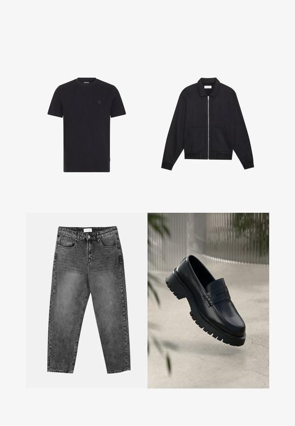 Chaqueta negra con cremallera y cuello, dos bolsillos frontales, puños acanalados y un acabado de tela texturizada. Diseño simple y moderno.; Camiseta de corto de manga en color navy, hecha de tejido texturizado. Presenta un cuello redondo y un logo sutil en el pecho. Dobladillo recto en la parte inferior.; Jeans de pernera recta en lavado negro con bolsillos delanteros y traseros, trabillas para cinturón y cierre de botón en la cintura.; Mocasines de cuero negro con suela gruesa, que presentan una correa decorativa y detalles de costura. Textura suave con un acabado pulido.