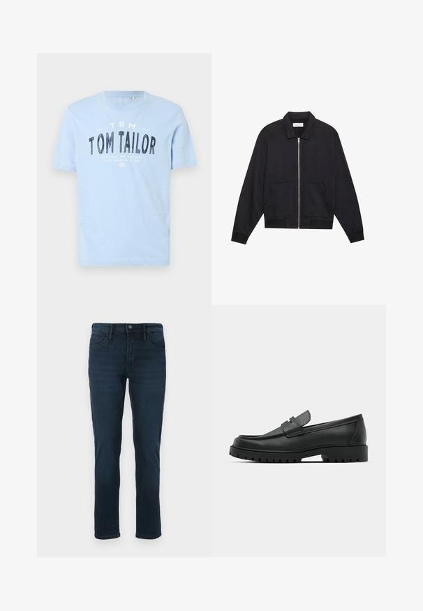 Sort lynlåsjakke med krave, to frontlommer, ribbede manchetter og en struktureret stoffinish. Enkel og moderne design.; Lyseblå bomulds t-shirt med rund halsudskæring og korte ærmer. Den har kraftig sort trykt tekst: "TOM TAILOR" samt yderligere brandingdetaljer.; Mørkeblå denimjeans med lige ben, der har fem lommer, knaplukning og diskret slidfornemmelse på forsiden.; Sorte læder loafers med rund tå, der har et syet design, lav platformssål og en struktureret, skridsikker gummisål.