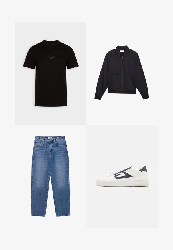 Veste noire zippée avec col, deux poches avant, poignets côtelés et finition en tissu texturé. Design simple et moderne.; T-shirt noir à manches courtes en coton, avec un col rond et un logo sur la poitrine avant avec "GUESS EST. 1981" dans un design subtil.; Jean en denim bleu avec une taille haute, une coupe droite et une finition délavée. Comprend cinq poches et une fermeture à bouton.; Guess SILEA - Baskets basses - white/blue