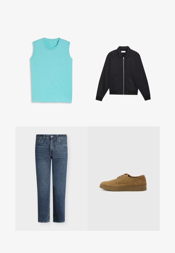 Veste noire zippée avec col, deux poches avant, poignets côtelés et finition en tissu texturé. Design simple et moderne.; Débardeur turquoise à col rond avec un logo discret sur la poitrine, présenté sur un fond gris clair.; Jean en denim bleu à jambe droite avec bouton frontal, fermeture éclair, passants de ceinture et conception à cinq poches.; Chaussure décontractée à lacets en daim marron avec semelle en caoutchouc plate, vue de côté sur un fond clair uni.