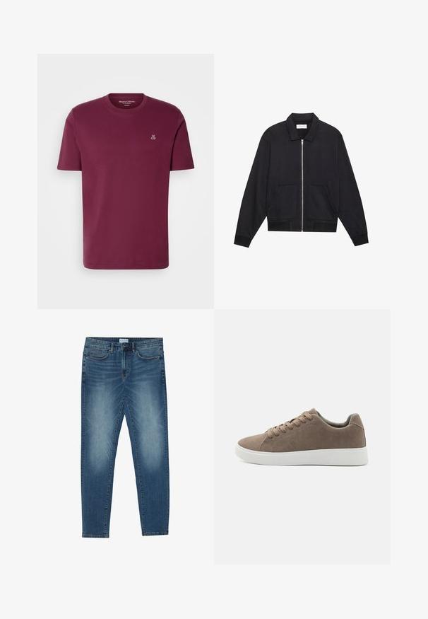 Zwarte ritssluiting jack met een kraag, twee voorkruiszakken, ribgebreide manchetten en een textuurstofafwerking. Eenvoudig en modern ontwerp.; Bordeaux katoenen t-shirt met een ronde hals, korte mouwen en een klein wit "M OP" logo op de borst. Gladde textuur en reguliere pasvorm.; Middenblauwe denim jeans met een vervaagde was, vijfzakdesign, rechte pasvorm en gestikte accenten. Sluiting met knoop en rits.; Bruine suède sneakers met platte witte rubberen zolen, vetersluiting, ronde neus en een gladde textuur. Minimalistische stijl met subtiele stikdetails.