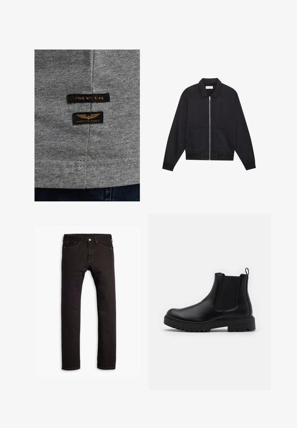 Schwarze Zip-Jacke mit Kragen, zwei Fronttaschen, gerippten Bündchen und einer strukturierten Stoffoberfläche. Einfaches und modernes Design.; Grauer Baumwollstoff mit zwei schwarzen Etiketten. Auf einem Etikett steht "TYPE N°: C-46" und auf dem anderen "AMERICAN CLASSIC" mit goldener Stickerei.; Schwarze schmal geschnittene Jeans mit fünf Taschen und Knopfschluss, flach auf einem weißen Hintergrund präsentiert.; Zign by Zalando LEATHER - Stiefelette - black