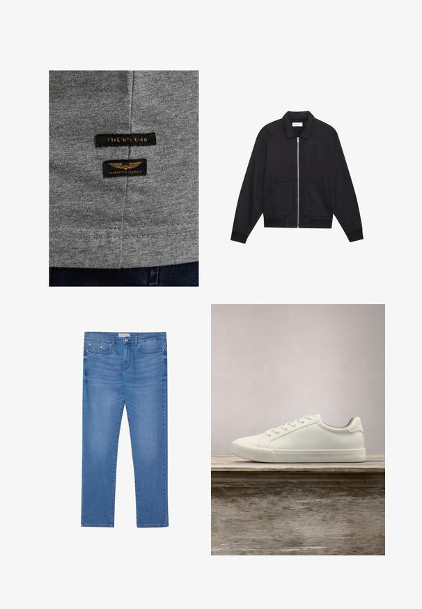 Schwarze Zip-Jacke mit Kragen, zwei Fronttaschen, gerippten Bündchen und einer strukturierten Stoffoberfläche. Einfaches und modernes Design.; Grauer Baumwollstoff mit zwei schwarzen Etiketten. Auf einem Etikett steht "TYPE N°: C-46" und auf dem anderen "AMERICAN CLASSIC" mit goldener Stickerei.; Hellblaue Denim-Jeans mit geradem Bein, Fünf-Taschen-Design, subtilen Verwaschungen und metallischen Akzenten an der Taille und den Taschen.; Weiße Schnürsneaker, die über einer Holzbank mit grünem Laub im Hintergrund schweben und das Schuhdesign sowie die Textur zeigen.