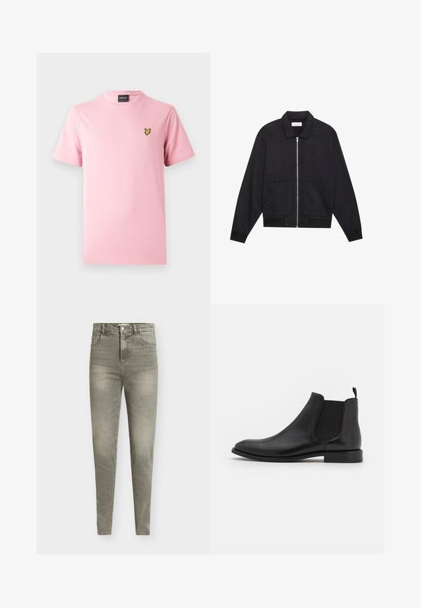 Schwarze Zip-Jacke mit Kragen, zwei Fronttaschen, gerippten Bündchen und einer strukturierten Stoffoberfläche. Einfaches und modernes Design.; Rosa T-Shirt mit kurzen Ärmeln aus Baumwolle, mit einem kleinen schwarzen und gelben bestickten Vogel-Logo auf der linken Brust.; Hellgraue Skinny Jeans aus Denim mit hoher Taille, fünf Taschen, leichter Used-Optik und dezentem Ausbleichen im gesamten Stoff.; Schwarze Leder-Chelsea-Stiefel mit elastischen seitlichen Riemen, einer abgerundeten Kappe und einem niedrigen Absatz. Glatte Textur mit minimalistischer Gestaltung.