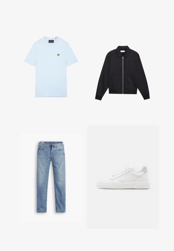 Sort lynlåsjakke med krave, to frontlommer, ribbede manchetter og en struktureret stoffinish. Enkel og moderne design.; Lyseblå bomulds t-shirt med rund halsudskæring, med en lille gul fuglelogo broderet på venstre bryst. Korte ærmer, ensfarvet.; Lyseblå denim jeans med lige pasform. Har en knaplukning, fem lommer og en let falmet tekstur.; Hvide lædersneakers med en glat finish, rund tå, flade snørebånd og en struktureret sål. Grå ruskindsdetalje ved hælen.