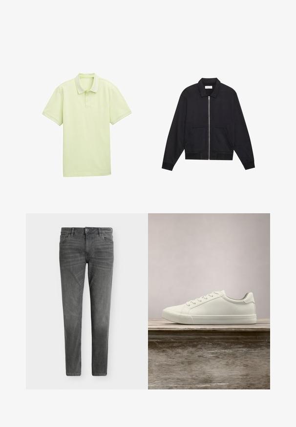 Sort lynlåsjakke med krave, to frontlommer, ribbede manchetter og en struktureret stoffinish. Enkel og moderne design.; Lys grøn polo shirt, korte ærmer, blødt stof, to-knappers lukning, hvid stribe-detaljering på krave og ærmekanter. Simpelt logo foran.; Slim-fit grå denimjeans med frontknap og lynlås, bæltestropper og design med fem lommer på en ensfarvet hvid baggrund.; Hvide snørresneakers svævende over en træbænk med grønne planter i baggrunden, der fremhæver skodesign og tekstur.