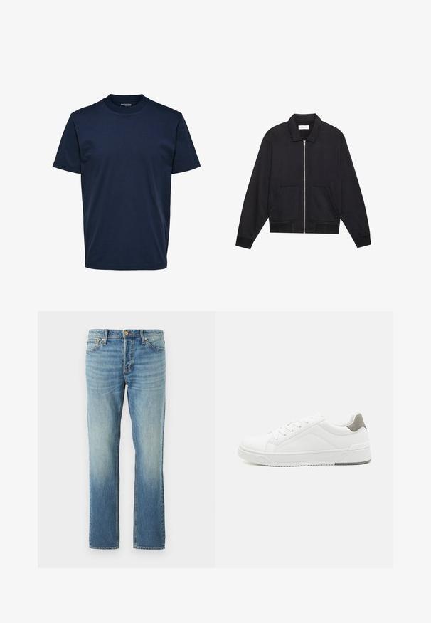 Schwarze Zip-Jacke mit Kragen, zwei Fronttaschen, gerippten Bündchen und einer strukturierten Stoffoberfläche. Einfaches und modernes Design.; Einfarbiges dunkelblaues Herren-T-Shirt mit kurzen Ärmeln und Rundhalsausschnitt, reguläre Passform, keine sichtbaren Muster oder Logos.; Hellblaue Jeans aus Denim mit geradem Bein, die ein verblasstes Finish, kupferne Nieten und einen klassischen Fünf-Taschen-Stil aufweisen.; Weißer Sneaker aus glattem Leder, runde Zehenpartie, minimalistisches Design, graue Fersenkante und strukturierte Gummisohle.