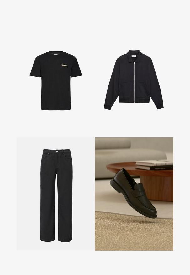 Veste noire zippée avec col, deux poches avant, poignets côtelés et finition en tissu texturé. Design simple et moderne.; T-shirt en coton noir à manches courtes, col en V, avec un logo discret de couleur brun clair sur le côté gauche de la poitrine. Texture douce, coupe classique.; Pantalons larges noirs en coton avec quatre poches, fermeture à bouton à l'avant et un design en denim classique. Texture lisse, sans motifs visibles.; Chaussure mocassin en cuir noir présentée en suspension au-dessus d'un tapis beige tissé, avec une table en bois et des livres empilés dans un salon doucement éclairé.