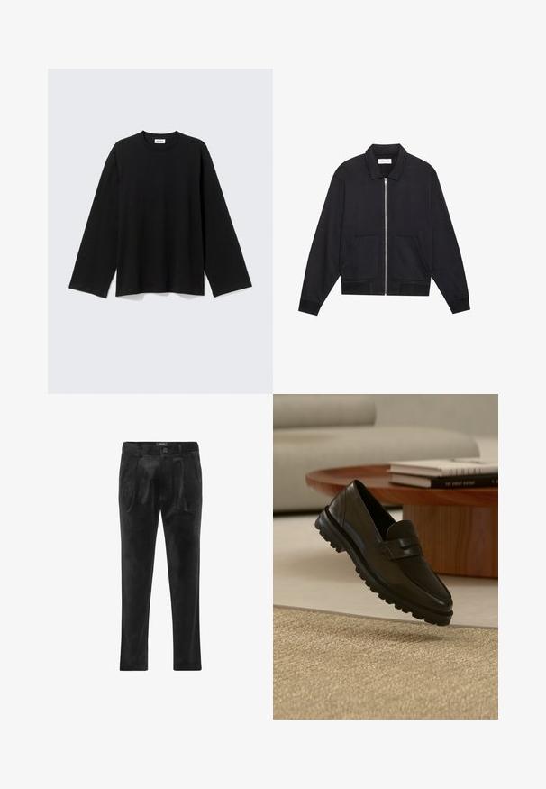 Chaqueta negra con cremallera y cuello, dos bolsillos frontales, puños acanalados y un acabado de tela texturizada. Diseño simple y moderno.; Camiseta negra de manga larga con cuello redondo, ajuste relajado, dobladillo recto y sin patrones ni logotipos visibles sobre un fondo claro.; Pantalones de terciopelo negro con pliegues frontales, cierre de botón, presillas para cinturón y bolsillos laterales, exhibidos planos sobre un fondo blanco.; Mocasín negro de cuero con suela gruesa y dentada flotando sobre una alfombra beige texturizada, mesa de café redonda de madera y libros apilados en el fondo.