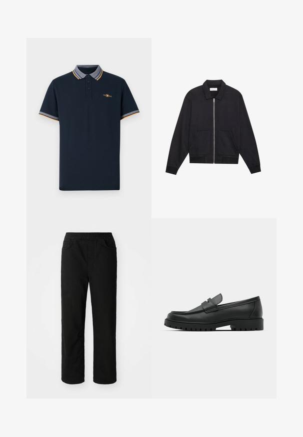 Sort lynlåsjakke med krave, to frontlommer, ribbede manchetter og en struktureret stoffinish. Enkel og moderne design.; Marineblå polo skjorte lavet af bomuld, med krave og grå kant, orange accenter og tre-knap lukning. 1962 logo broderet.; Sorte bomuldsbukser med en afslappet pasform, elastisk talje, to frontlommer og lige ben. Glat tekstur uden synlige mønstre.; Sorte læder loafers med rund tå, der har et syet design, lav platformssål og en struktureret, skridsikker gummisål.
