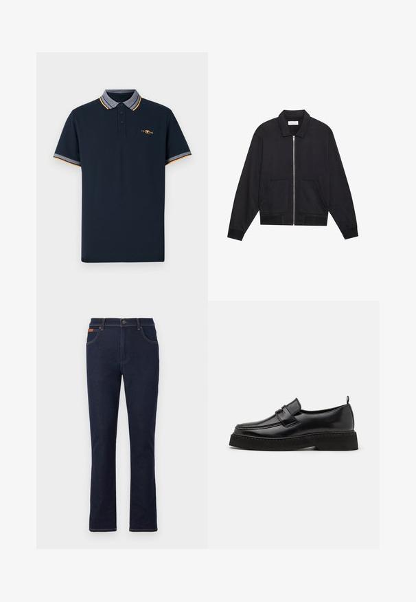 Sort lynlåsjakke med krave, to frontlommer, ribbede manchetter og en struktureret stoffinish. Enkel og moderne design.; Marineblå polo skjorte lavet af bomuld, med krave og grå kant, orange accenter og tre-knap lukning. 1962 logo broderet.; Mørkeblå jeans med lige ben, frontknap og lynlås, for- og baglommer samt brune syninger.; Sorte læder loafersko i stil med flad, tekstureret sål, med en syet tå og en rem over vristen.