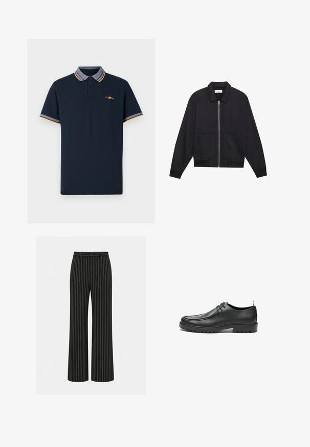 Schwarze Zip-Jacke mit Kragen, zwei Fronttaschen, gerippten Bündchen und einer strukturierten Stoffoberfläche. Einfaches und modernes Design.; Dunkelblaues Polohemd aus Baumwolle, mit einem Kragen in Grau und orangefarbigen Akzenten sowie einer Knopfleiste mit drei Knöpfen. Besticktes 1962-Logo.; Schwarze Hose mit weitem Bein und weißen vertikalen Nadelstreifen, Knopf und Gürtelschlaufen an der Taille.; Schwarze Lederschuhe mit glatter Oberfläche, runder Zehenform und dekorativer Naht. Mit einer Gummisohle mit Traktionsrillen und Schnürdesign.