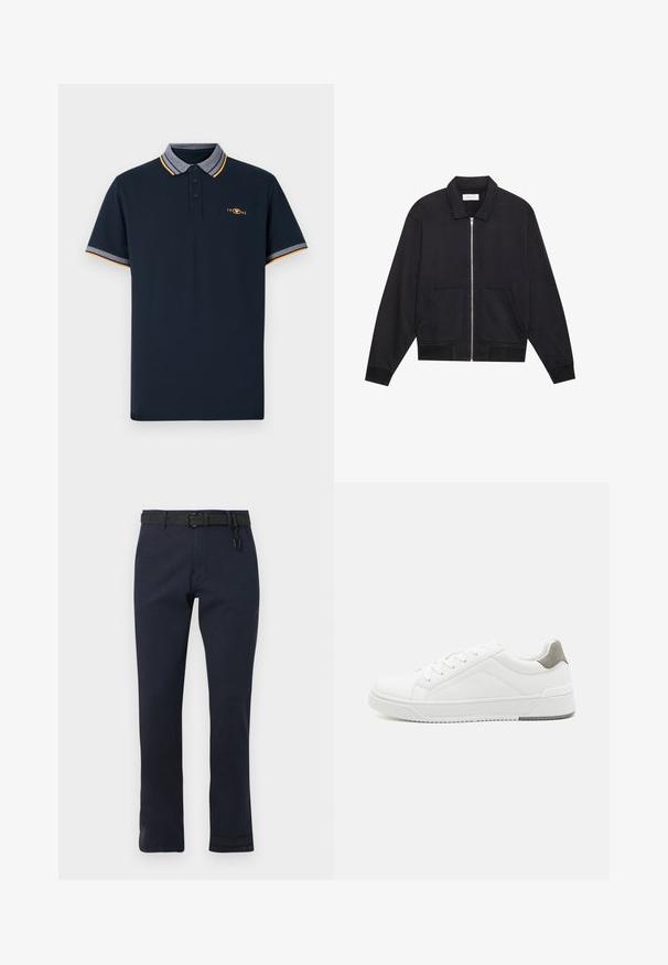 Sort lynlåsjakke med krave, to frontlommer, ribbede manchetter og en struktureret stoffinish. Enkel og moderne design.; Marineblå polo skjorte lavet af bomuld, med krave og grå kant, orange accenter og tre-knap lukning. 1962 logo broderet.; Mørkeblå bukser med lige snit, konstrueret af slidstærkt stof. Har et sort bælte og et enkelt design uden mønstre.; Hvid sneaker lavet af glat læder, rund tå, minimalistisk design, grå hælafsats og tekstureret gummisål.