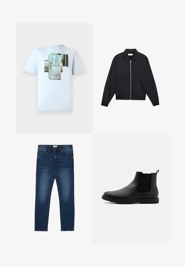 Sort lynlåsjakke med krave, to frontlommer, ribbede manchetter og en struktureret stoffinish. Enkel og moderne design.; TOM TAILOR T-shirts print - light metal blue; Mørkeblå slim-fit jeans med falmede detaljer, klassisk fem-lomme design, knappelukning og bæltestropper.; Sorte læder Chelsea støvle med elastiske sidepaneler, en trækflap og en holdbar gummisål. Glat tekstur og strømlinet design.