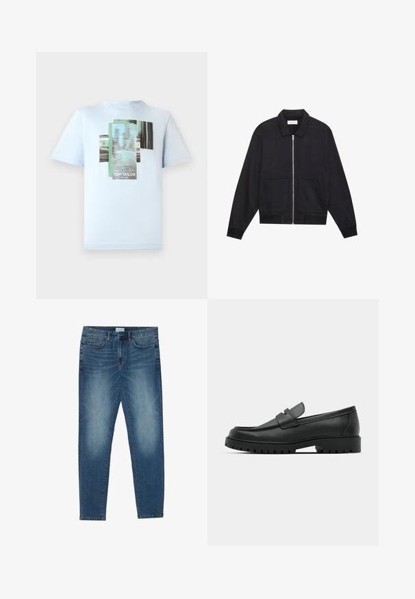 Zwarte ritssluiting jack met een kraag, twee voorkruiszakken, ribgebreide manchetten en een textuurstofafwerking. Eenvoudig en modern ontwerp.; TOM TAILOR T-shirt print - light metal blue; Middenblauwe denim jeans met een vervaagde was, vijfzakdesign, rechte pasvorm en gestikte accenten. Sluiting met knoop en rits.; Zwarte leren instappers met een ronde neus, voorzien van een gestikt ontwerp, een lage platformzool en een gestructureerde, grof rubberen buitenzool.