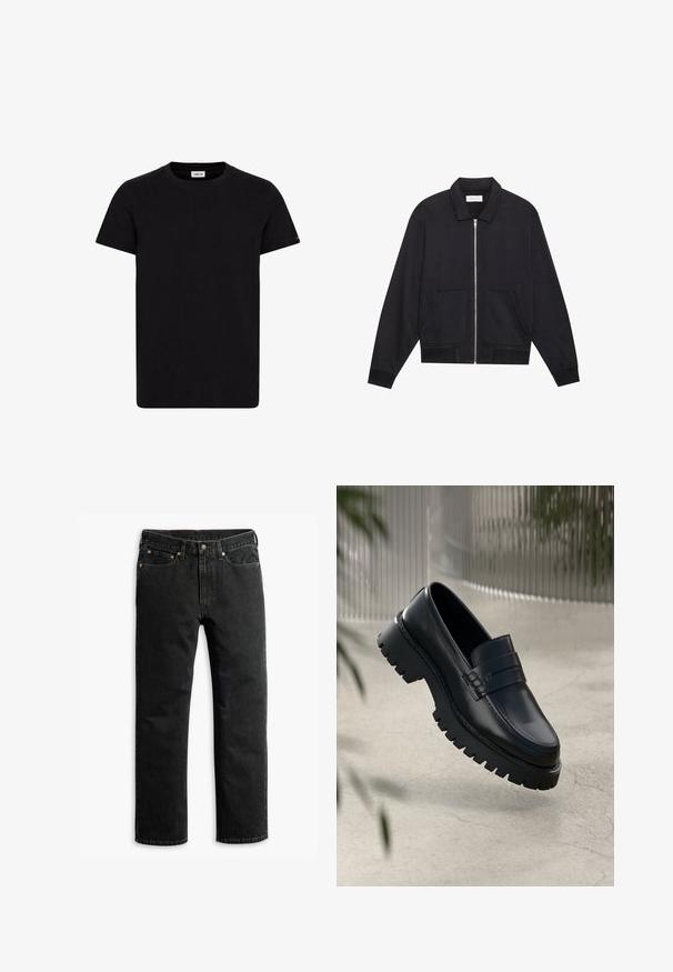 Veste noire zippée avec col, deux poches avant, poignets côtelés et finition en tissu texturé. Design simple et moderne.; T-shirt noir en coton avec un col rond, des manches courtes et un ourlet droit. Présente une petite étiquette logo sur le côté inférieur. Style ajusté.; Jean en denim noir à jambe droite avec cinq poches, passants de ceinture et fermeture par bouton à la taille, disposé à plat sur un fond blanc.; Mocassins en cuir noir avec une semelle à crampons épaisse, dotés d'une sangle décorative et de détails de couture. Texture lisse avec une finition polie.